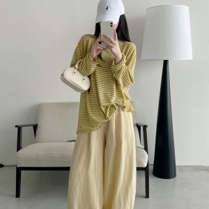 Summer Women's Slim Minimalist Wide-Leg Pants in Sun Grapefruit Linen Tencel - Thin Loose Fit for Effortless Style