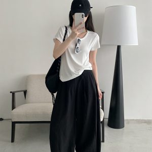 Summer Women's Slim Minimalist Wide-Leg Pants in Sun Grapefruit Linen Tencel - Thin Loose Fit for Effortless Style