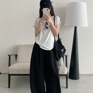 Summer Women's Slim Minimalist Wide-Leg Pants in Sun Grapefruit Linen Tencel - Thin Loose Fit for Effortless Style