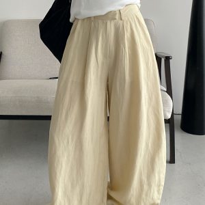 Summer Women's Slim Minimalist Wide-Leg Pants in Sun Grapefruit Linen Tencel - Thin Loose Fit for Effortless Style