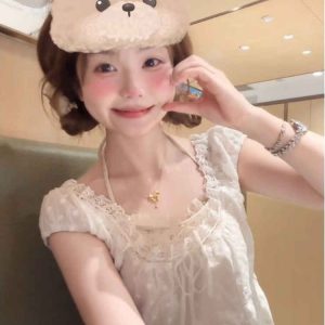 Summer Women's White Square Neck T-Shirt with Lace Spliced Puff Sleeves - French Style Sweet Fashion Top