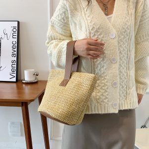 Summer Woven Straw Bucket Bag for Women - 2025 Stylish Beach Handbag, Vacation Essential, Small Tote for Girls