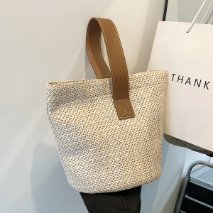 Summer Woven Straw Bucket Bag for Women - 2025 Stylish Beach Handbag, Vacation Essential, Small Tote for Girls