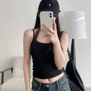 Sun Grapefruit Lace U-Back Tank Top with Hollow Design and Lace Shoulder Straps - Slim Fit, Perfect for Y2K and Summer Style