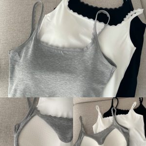 Sun Grapefruit Lace U-Back Tank Top with Hollow Design and Lace Shoulder Straps - Slim Fit, Perfect for Y2K and Summer Style