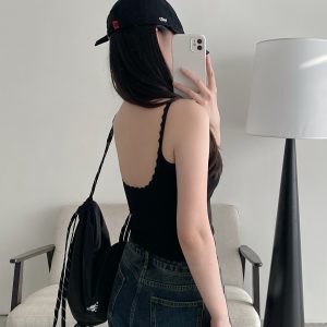 Sun Grapefruit Lace U-Back Tank Top with Hollow Design and Lace Shoulder Straps - Slim Fit, Perfect for Y2K and Summer Style