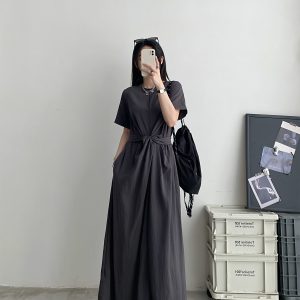 Sun Grapefruit Niche Design Cross-Tie Waist Slimming Long Dress with Short Sleeves - Elegant Summer Fashion