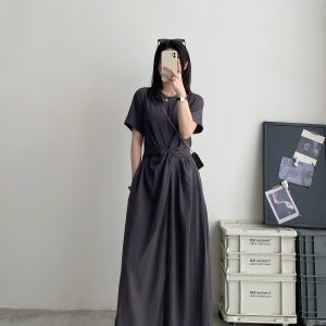 Sun Grapefruit Niche Design Cross-Tie Waist Slimming Long Dress with Short Sleeves - Elegant Summer Fashion