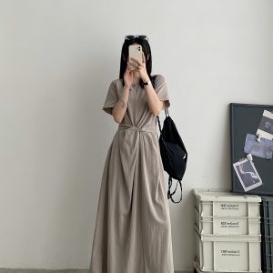 Sun Grapefruit Niche Design Cross-Tie Waist Slimming Long Dress with Short Sleeves - Elegant Summer Fashion