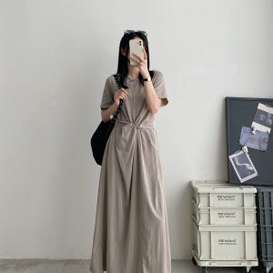 Sun Grapefruit Niche Design Cross-Tie Waist Slimming Long Dress with Short Sleeves - Elegant Summer Fashion