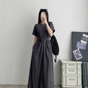 Sun Grapefruit Niche Design Cross-Tie Waist Slimming Long Dress with Short Sleeves - Elegant Summer Fashion
