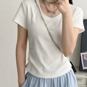 Sun Grapefruit Oversized Pleated Short-Sleeve T-Shirt for Women - Summer Fitted U-Neck White Top in Trendy Korean Style