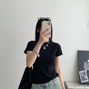 Sun Grapefruit Short-Sleeve T-Shirt for Women - Round Neck Slim-Fit Summer Top, Trendy Niche Shoulder Style