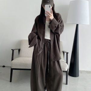 Sun Grapefruit Two-Piece Set - Ramie Tencel Loose Split Shirt & Wide-Leg Drawstring Pants - Relaxed Summer Outfit