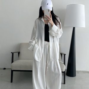 Sun Grapefruit Two-Piece Set - Ramie Tencel Loose Split Shirt & Wide-Leg Drawstring Pants - Relaxed Summer Outfit