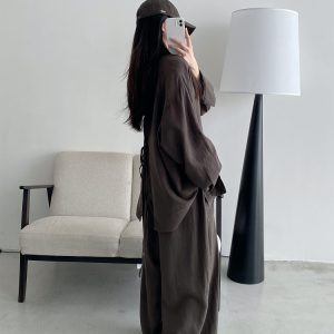 Sun Grapefruit Two-Piece Set - Ramie Tencel Loose Split Shirt & Wide-Leg Drawstring Pants - Relaxed Summer Outfit