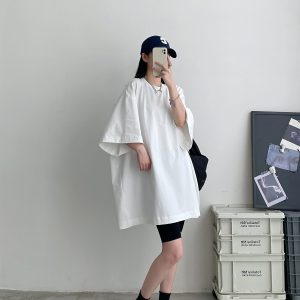 Sun Grapefruit Wide-Neck Short-Sleeve T-Shirt for Women - Unique Big Sleeve, Loose Heavyweight Cotton, Summer Style