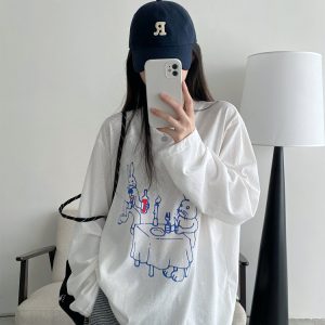 Sun Protection Cartoon Long Sleeve T-Shirt in Thin All-Cotton with Slimming Fit and Round Neck – Perfect for Casual Summer Style