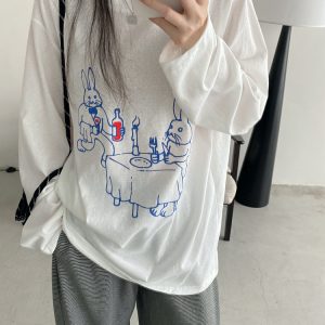 Sun Protection Cartoon Long Sleeve T-Shirt in Thin All-Cotton with Slimming Fit and Round Neck – Perfect for Casual Summer Style