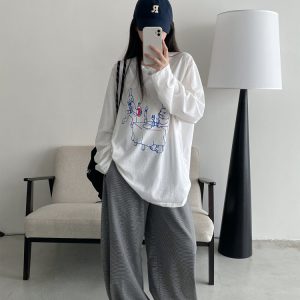 Sun Protection Cartoon Long Sleeve T-Shirt in Thin All-Cotton with Slimming Fit and Round Neck – Perfect for Casual Summer Style