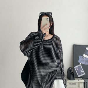 Sun Protection Striped Round Neck Long Sleeve Knitted T-Shirt for Women - Summer Loose Thin Cardigan in Korean Style