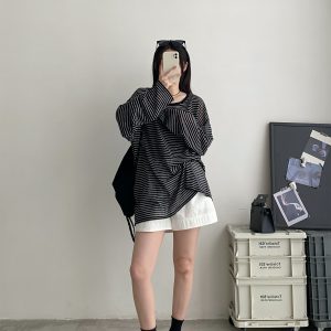 Sun Protection Striped Round Neck Long Sleeve Knitted T-Shirt for Women - Summer Loose Thin Cardigan in Korean Style