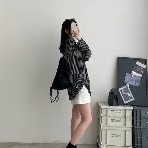 Sun Protection Striped Round Neck Long Sleeve Knitted T-Shirt for Women - Summer Loose Thin Cardigan in Korean Style