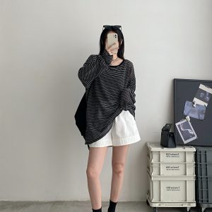 Sun Protection Striped Round Neck Long Sleeve Knitted T-Shirt for Women - Summer Loose Thin Cardigan in Korean Style
