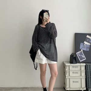 Sun Protection Striped Round Neck Long Sleeve Knitted T-Shirt for Women - Summer Loose Thin Cardigan in Korean Style