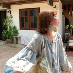 Sunny Brew Daisy Retro Linen Cotton Embroidered Long Sleeve Dress for Women - Spring Loose A-Line Maxi Dress, Vintage Style