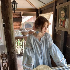 Sunny Brew Daisy Retro Linen Cotton Embroidered Long Sleeve Dress for Women - Spring Loose A-Line Maxi Dress, Vintage Style