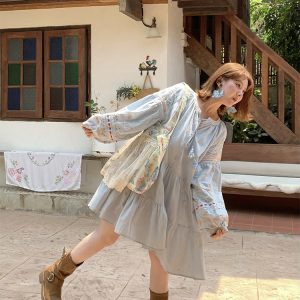 Sunny Brew Daisy Retro Linen Cotton Embroidered Long Sleeve Dress for Women - Spring Loose A-Line Maxi Dress, Vintage Style