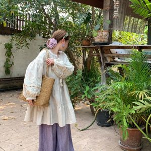 Sunny Brew Daisy Retro Linen Cotton Embroidered Long Sleeve Dress for Women - Spring Loose A-Line Maxi Dress, Vintage Style