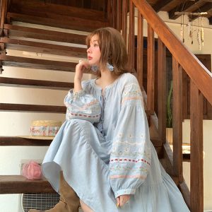 Sunny Brew Daisy Retro Linen Cotton Embroidered Long Sleeve Dress for Women - Spring Loose A-Line Maxi Dress, Vintage Style