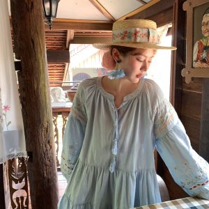 Sunny Brew Daisy Retro Linen Cotton Embroidered Long Sleeve Dress for Women - Spring Loose A-Line Maxi Dress, Vintage Style