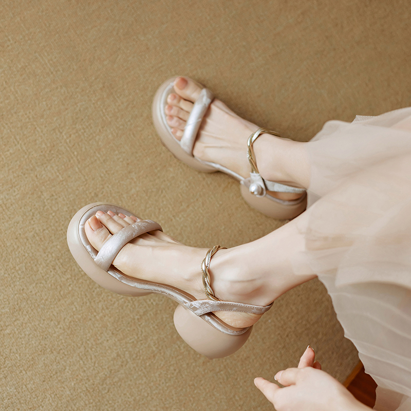 Super Slim Round Toe Pearl Open-Toe Sandals for Women - Summer 2025 Thick Sole One-Strap Footwear in Trendy Style