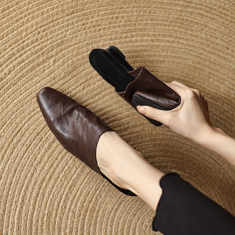 Super Soft Genuine Leather Open-Toe Half Slippers for Women - European & American Ins Fashion, Outdoor Comfort, Casual Style