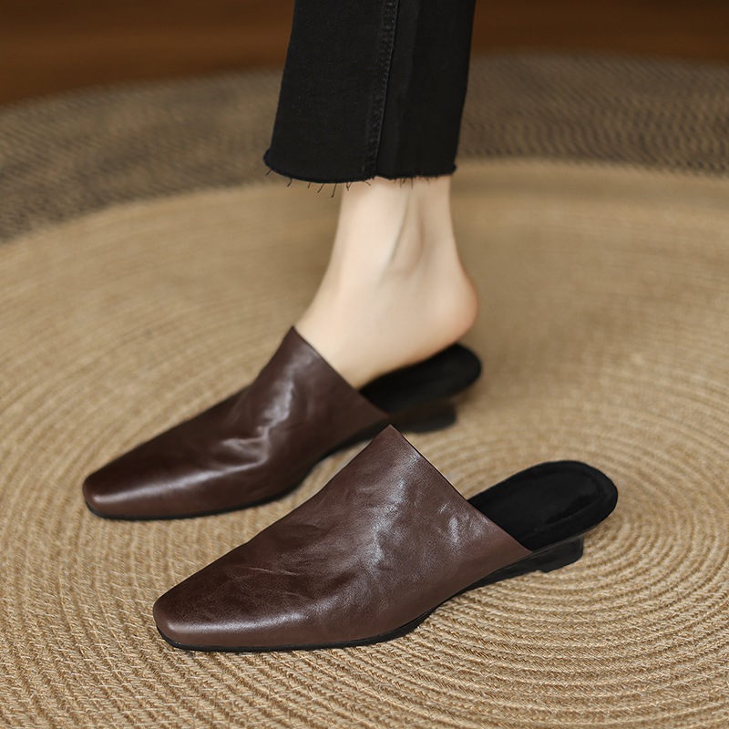 Super Soft Genuine Leather Open-Toe Half Slippers for Women - European & American Ins Fashion, Outdoor Comfort, Casual Style