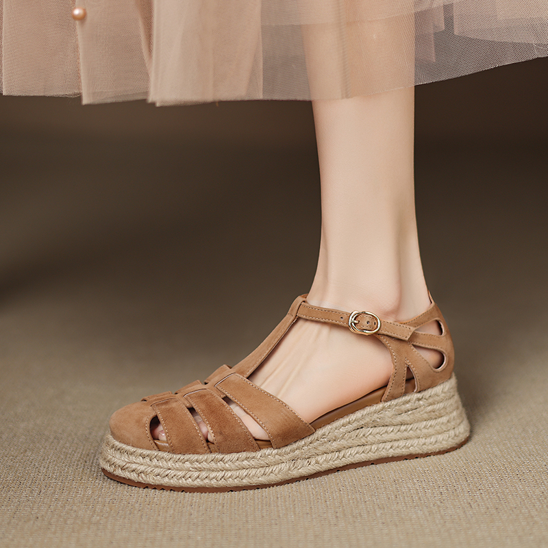 Sweet Academy Style Hollow Out Genuine Leather Platform Wedge Espadrille Sandals for Women - Casual Thick-Soled Y2K Fashion