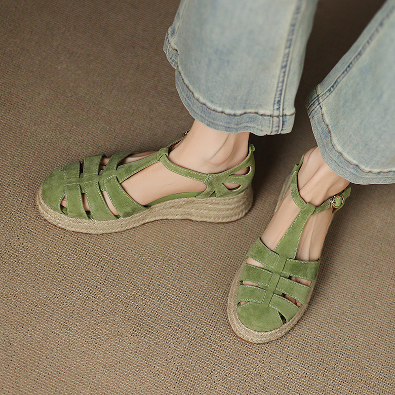 Sweet Academy Style Hollow Out Genuine Leather Platform Wedge Espadrille Sandals for Women - Casual Thick-Soled Y2K Fashion