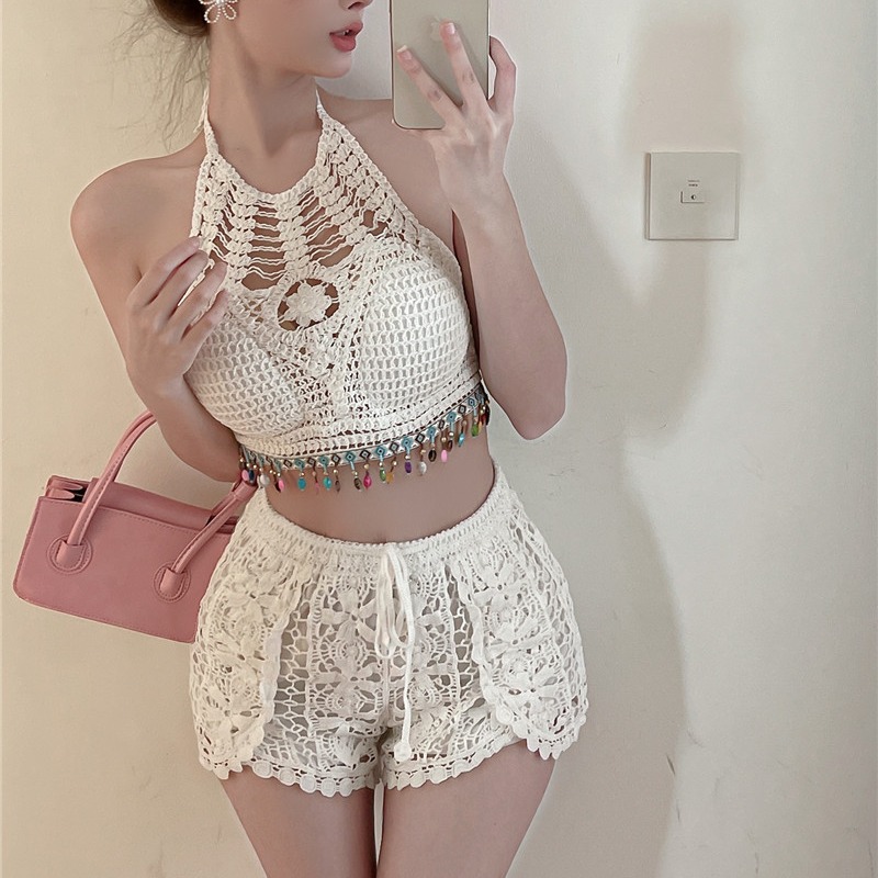 Sweet and Spicy Hollow-Out Camisole with Back Exposure and Tassel Neck, Short Version Knitted Shorts Two-Piece Set for Women