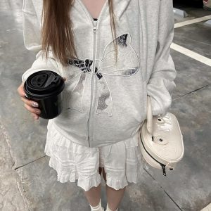 Sweet and Spicy Lace Bow Hoodie Short Jacket for Women - Loose American Style Casual Top, Trendy Y2K Fashion
