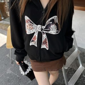 Sweet and Spicy Lace Bow Hoodie Short Jacket for Women - Loose American Style Casual Top, Trendy Y2K Fashion