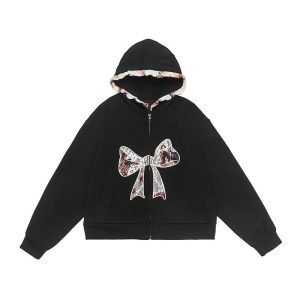 Sweet and Spicy Lace Bow Hoodie Short Jacket for Women - Loose American Style Casual Top, Trendy Y2K Fashion