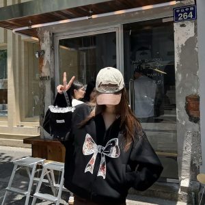 Sweet and Spicy Lace Bow Hoodie Short Jacket for Women - Loose American Style Casual Top, Trendy Y2K Fashion