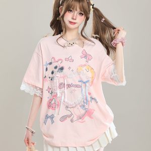 Sweet Bow Print Short Sleeve T-Shirt for Women - Summer 2025 Niche Style, Age-Reducing, Cute and Trendy Fashion Top
