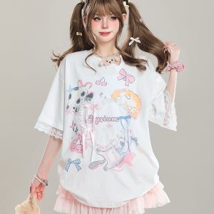 Sweet Bow Print Short Sleeve T-Shirt for Women - Summer 2025 Niche Style, Age-Reducing, Cute and Trendy Fashion Top