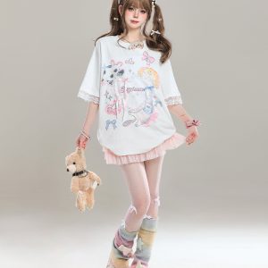 Sweet Bow Print Short Sleeve T-Shirt for Women - Summer 2025 Niche Style, Age-Reducing, Cute and Trendy Fashion Top