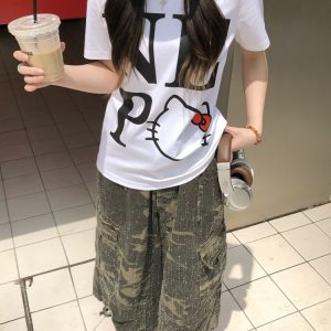 Sweet Cool Kitty Cartoon Print Short Sleeve T-Shirt for Women - Summer 2025 Slim Fit Casual Top, Cute Y2K Style