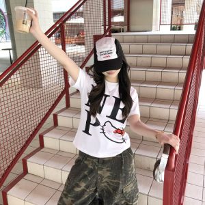 Sweet Cool Kitty Cartoon Print Short Sleeve T-Shirt for Women - Summer 2025 Slim Fit Casual Top, Cute Y2K Style